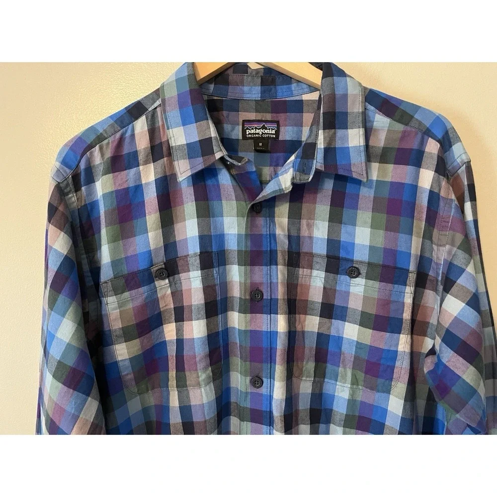 Patagonia Organic Cotton Plaid Button up Shirt Colorful Blue Purple Men's Medium